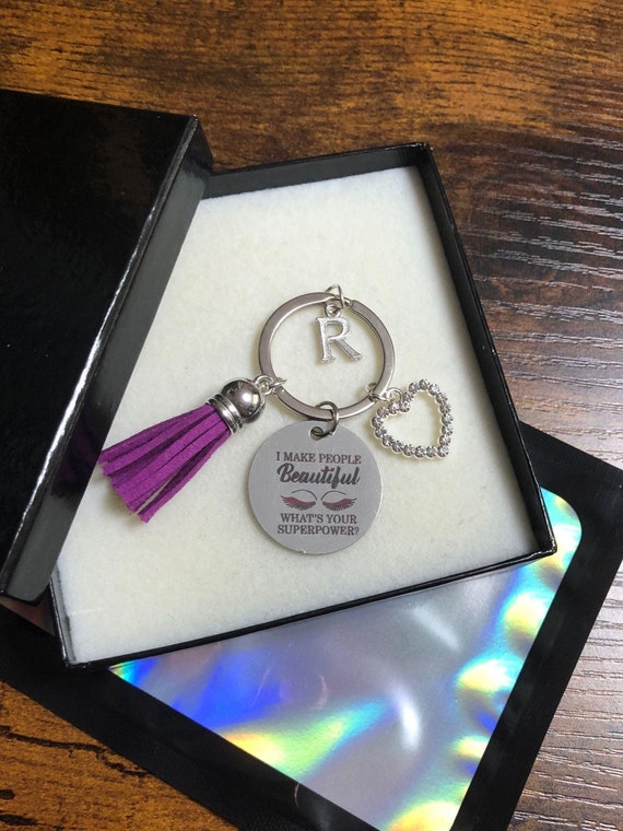 Personalised Initial Charm Letter Lash Tech Beautician Key Ring Rhinestone Heart Keepsake Lashes Any Colour Tassels Gift Box Bag Thank You
