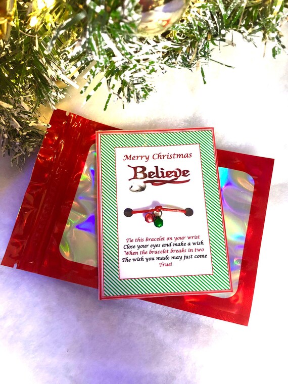Believe Polar Express Style Red Green Bells Christmas Make A Wish Gift Friendship Bracelet Stocking Filler Secret Santa Leather Look