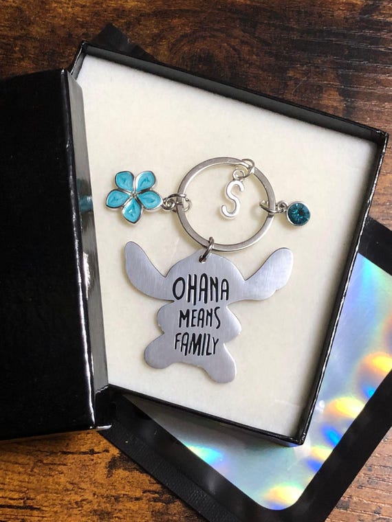 Personalised Initial Letter Key Ring Bag Charm Set Disney Inspired OHANA MEANS FAMILY Stitch Outline Flower Rhinestone Gem Hawaii Colours
