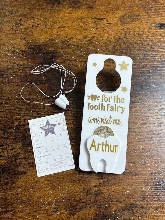 PERSONALISED TOOTH FAIRY Set door Coin hanger tooth pocket necklace holder report card Childs name vinyl print stars fairy teeth