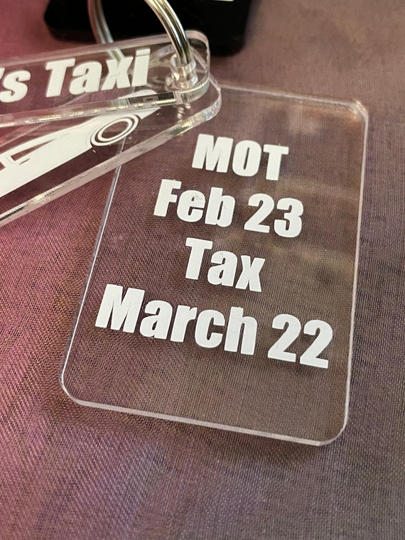 NEVER FORGET your Mot or Tax again personalised key ring charm pendant set with month year vinyl printed key fob trio set car key charm bag