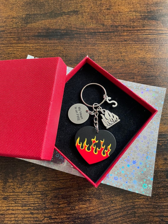 PERSONALISED Initial Letter Charm My Heart Is On Fire Key Ring Or Bag Charm Pendant Set Fun Quirky Gift For A Loved One Birthday Large Heart