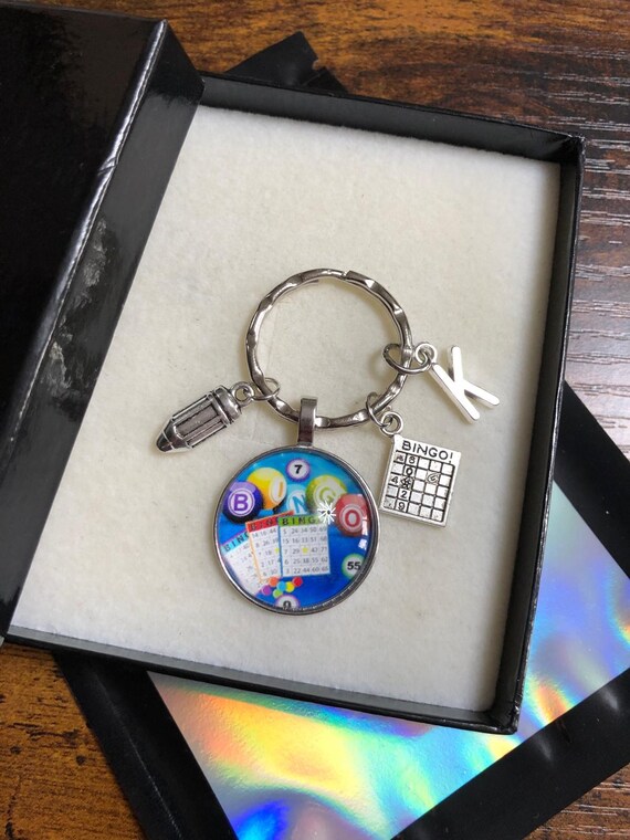 BINGO Key Ring Or Bag Charm Set Personalised Initial Letter Card Pencil Fun Quirky Keepsake Gift Box Bag Balls Good Luck Winning Game Set