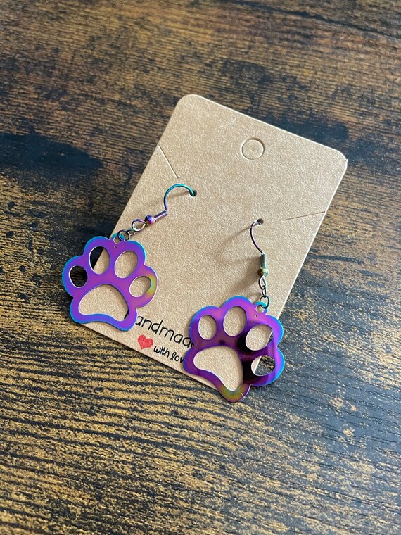 RAINBOW Style Stainless Steal PAW PRINTS Pair of Earrings Fun Novelty Animal Lover Gift Boxed Bag Dangle Drop Colour Present Birthday Etc