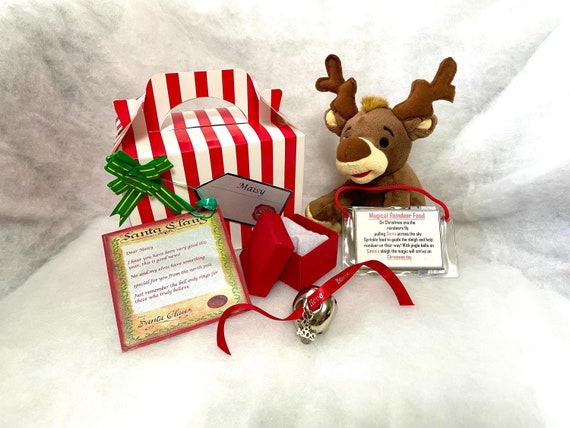 Personalised Christmas Santa Letter Reindeer Plush Toy Food Jingle Sleigh Bell Gold Or Silver Believe 2024 Charms Gift Stripe Name Boxed