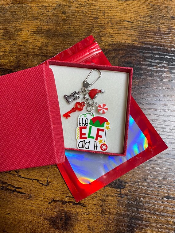 CHRISTMAS The ELF Did It Keyring Charm Set Gift Box Or Glitter Bag ELF Key Hat Boot Candy Cane Bead Fun Elves Quirky Naughty Stocking Filler
