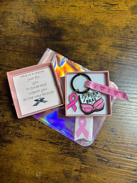 Burn Those Bras Breast Cancer Awareness Pink Ribbon Keyring Charm Gift Box Shimmer Gift Bag Keepsake Support