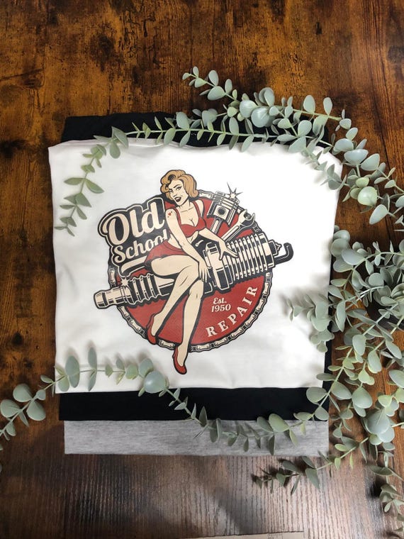 Old School 50s Retro Car Repair Heat Transfer T Shirt Vinyl Print Spark Plugs Spanner’s Pictures Sexy Pin Up Woman Fathers Day Birthday Gift
