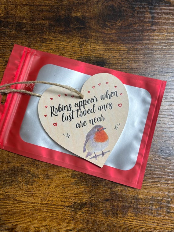 Robin Wall Tree Decoration Heart Plaque Lost Loved Ones Shimmer Gift Bag Memory Memorial Keepsake Fun Novelty Keepsake Bird Words Print