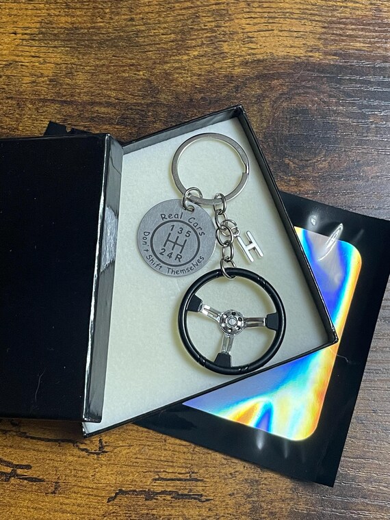 Personalised Initial Letter Car Fan Steering Wheel Engrave Gear Stick Charm Racer Mechanic Real Cars Don’t Shift Themselves Gift Box Bag Fun