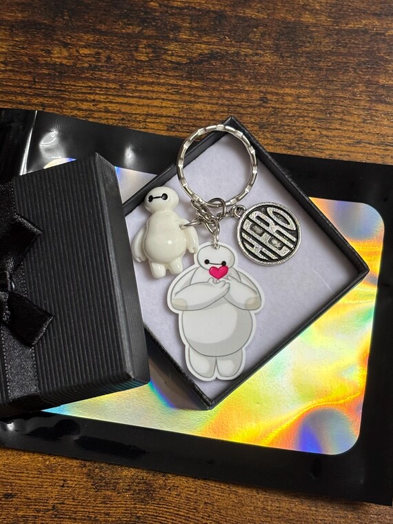 Disney Inspired Hero 6 Robotics Key Ring Charm Set Fun Keepsake Quirky Gift Set Acrylic Made Gift Box Shimmer Gift Bag Fan