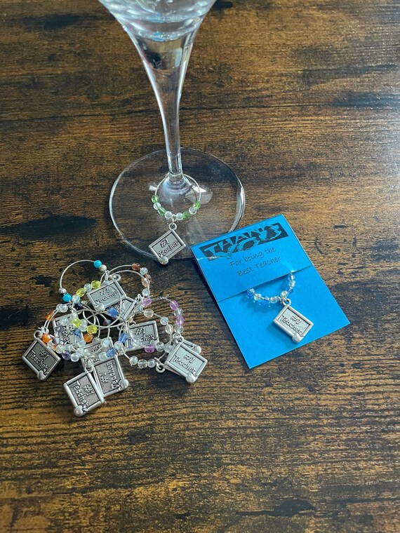 THANK YOU Wine Glass Charms Teachers Teaching Assistant Nursery Helper Fun Blackboard Charm Any Colour Beads Card Gift Bag End Of Term Xmas
