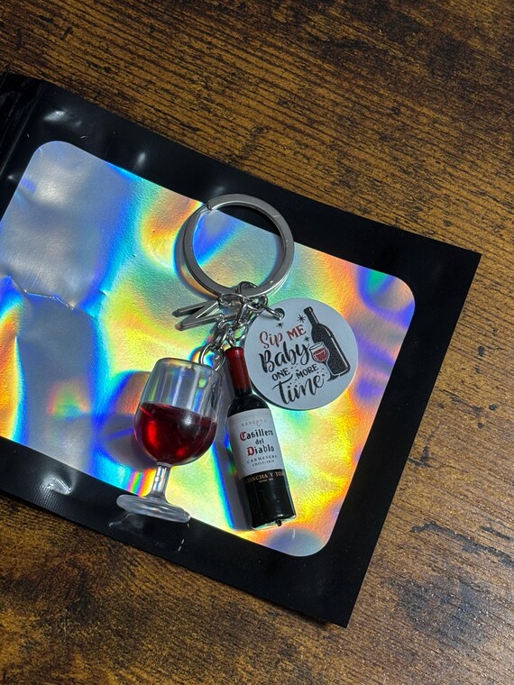 Personalised Initial Letter Red Wine Glass Bottle Key Ring Charm Sip Me Baby One More Time Keepsake Fun Novelty Quirky Gift Bag Engraved