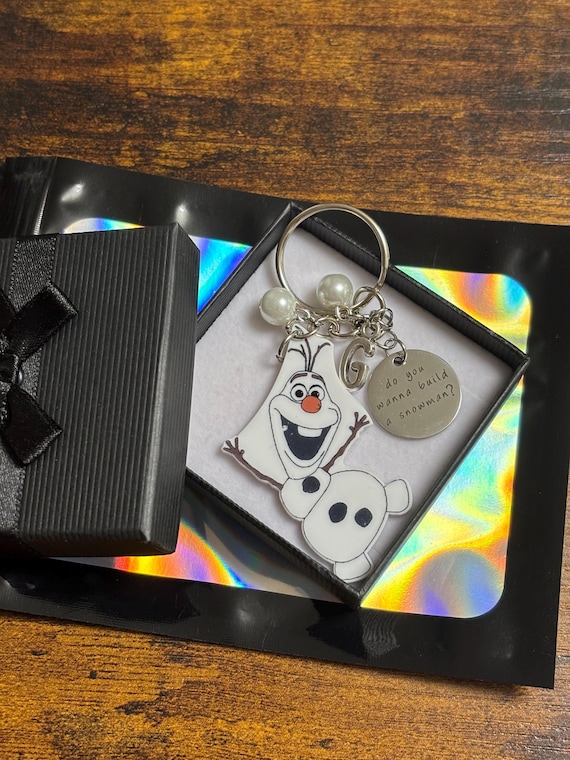 Personalised Initial Letter Charm Do You Want To Build A Snowman? Disney Film Inspired Beaded Keyring Gift Box Bag Frozen Olaf Keepsake Fun
