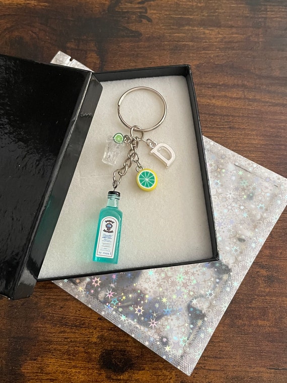 Personalised Initial Letter Gin & Tonic Lime Key Bag Charm Keepsake Set Fruit Glass Gift Box Shimmer Bag Fun Novelty Any Occasion For Anyone