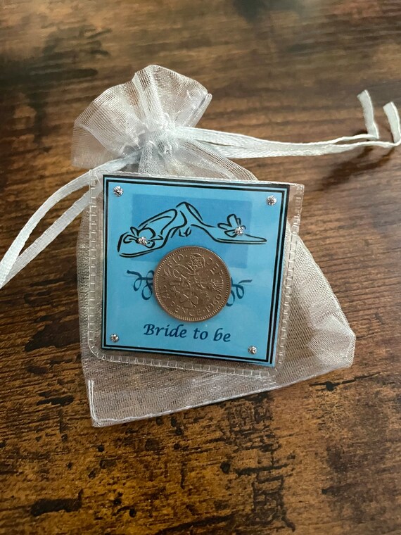 BRIDE TO BE Lucky Sixpence british coin tradition keepsake gift something old and for her shoe hen party blue white organza bag keepsake
