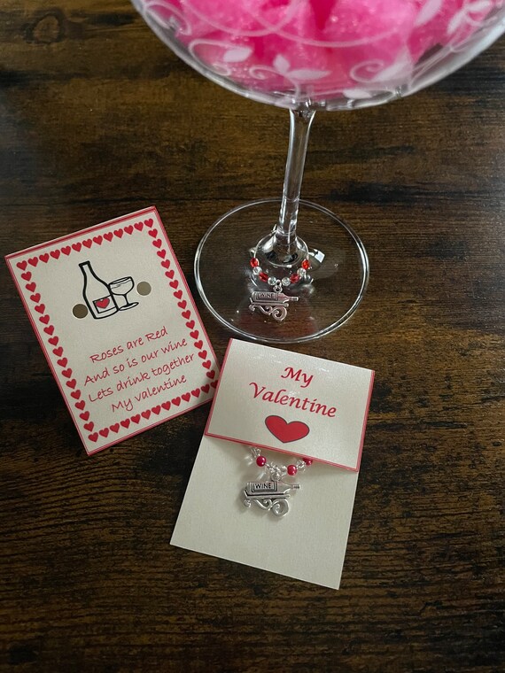 MY VALENTINE Wine Glass Charm Set Gift Card Bag Red Clear Beads Roses Are Red And So Is Our Wine Let’s Drink Together My Valentine Poem Fun