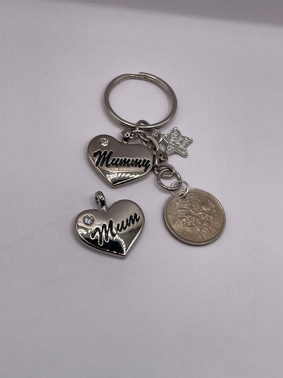 Mum Mummy Heart And Lucky Sixpence Coin Key Ring Or Bag Charm Pendant Set Gift Box Birthday Mothers Day Poem Quirky Unique Novelty Fun Boxed