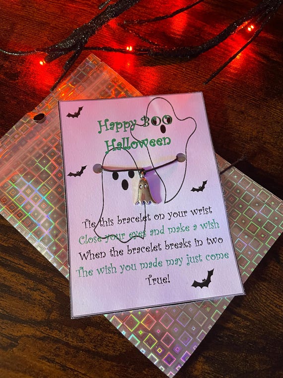 HAPPY BOO HALLOWEEN Make A Wish Tie Bracelet Ghost Silver Tibeton Charm Black Cord Fun Quirky Set Gift Bag Trick or Treat Party Favour Set