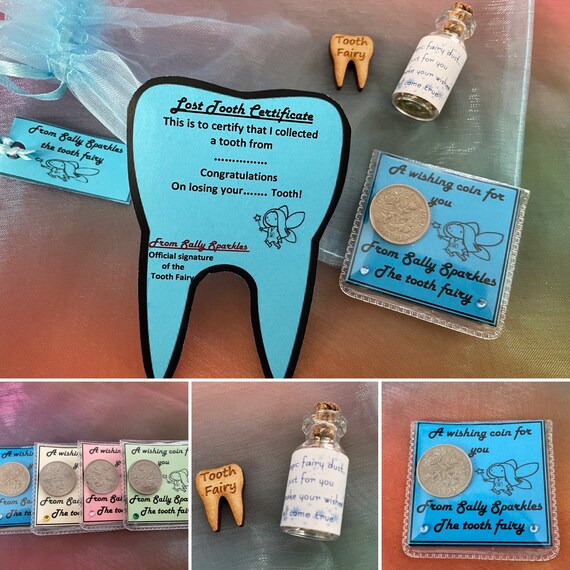 Personalised Lost Tooth Certificate Special Sixpence Coin Fairy Dust And Wooden Little Fairy Tooth Organza Bag Name Added Pouch Poem Glitter