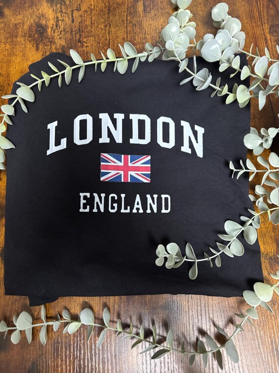 London ENGLAND Unisex Printed T Shirt Union Jack Flag Heat Transfer Black Top Fun Novelty Holiday Vacation Red White Blue Capital Of UK Gift