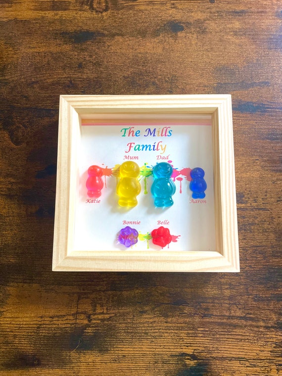 Family jelly baby set keepsake picture frame pets too dog cat mum dad kids children any colour jelly babies light wood frame names christmas