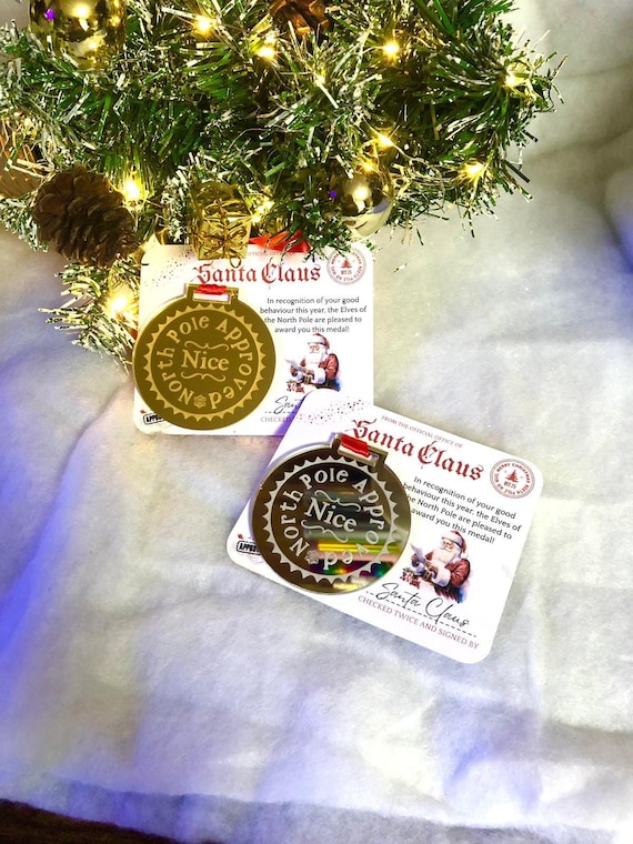 Gold or Silver Mirror Santa Clause Member Of The NICE LIST Medal Gift Certificate Christmas Eve Box Gift North Pole Tree FREE Safety Lanyard