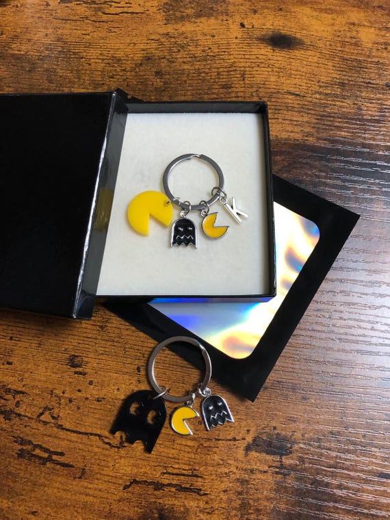 Personalised Initial Letter LARGE Pacman Or Ghost Handmade Key Bag Charm Set Arcade Retro 80s Gaming Unique Fun Novelty Keepsake Box Quirky