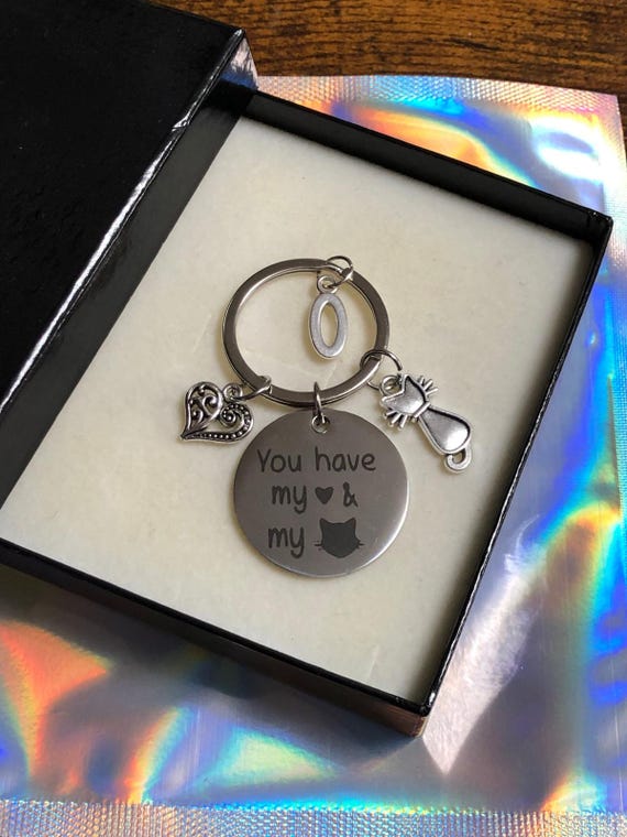 Personalised Initial Love Key Ring Charm Funny Rude Quotes You Have My Heart And My Pu**y Cat Valentines Birthday Quirky Unique Gift Box Bag