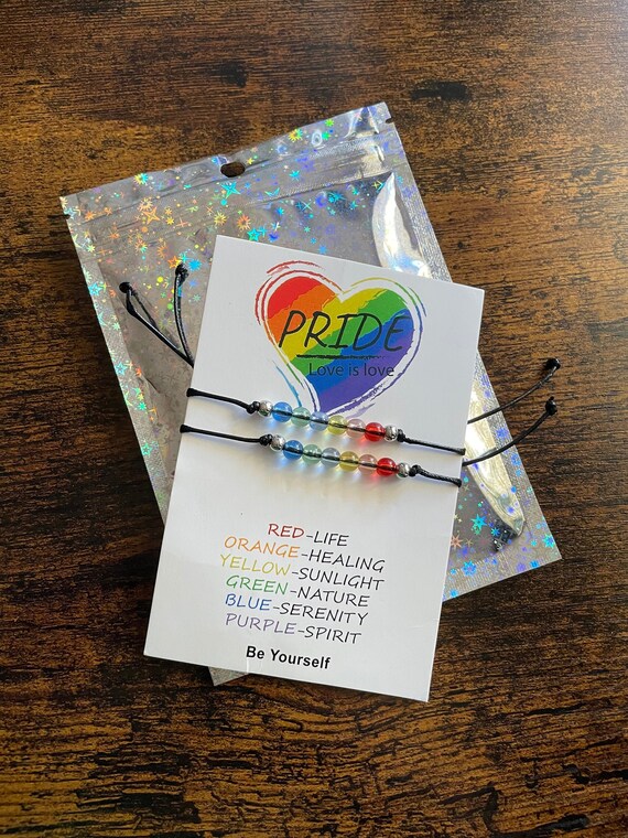 TWO Rainbow Pride Bracelets Set LGBTQ Pride Month Love Colourful Love Is Love Beads Meanings Leather Cord Look Pull Tie Effect Make A Wish