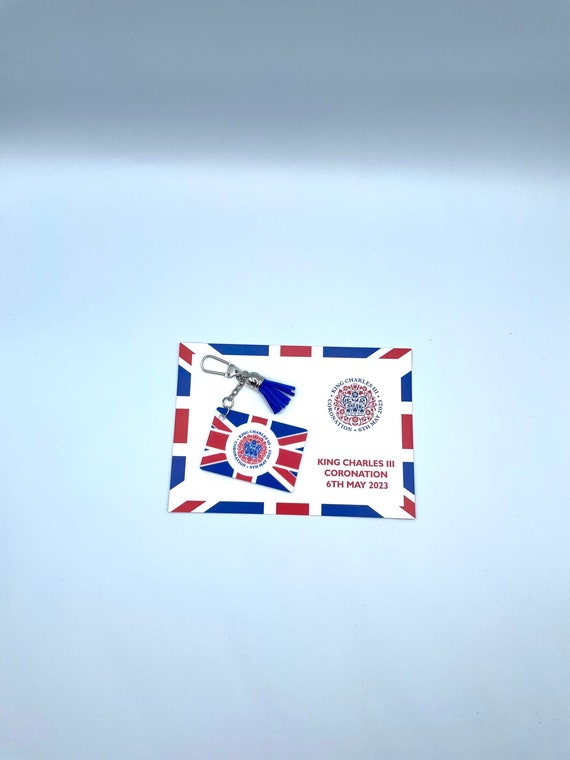 KING CHARLES 111 Key Ring Charm Or Bag Pendant Rectangle Shape Sublimated Union Jack BLUE Tassels Keepsake Gift Card Coronation Celebration
