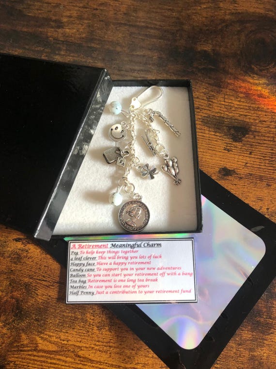 Meaningful Quotes Keepsake RETIREMENT Key Ring charm Marbles Walking Cane 4 Leaf Clover Balloon Peg Half Penny Smiley Face gift Box Or Bag