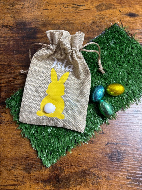Personalised Easter Gift Bag Hessian DrawString Bunny Rabbit Fluffy Tail Keepsake Easter Egg Hunt Party Favours Choose Rabbit Colour Printed