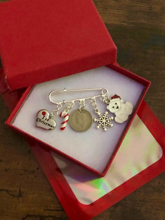 1ST FIRST Christmas Pin Bag Charm Lucky Sixpence Coin Keepsake Gift Polar Bear Snow Flakes Candy Canes Jingle Bells Boxed Shimmer Bag