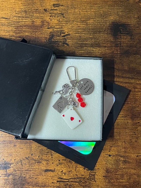 Alice In Wonderland Disney Inspired Off With Their Heads Key Ring Chain Set Pack Of Cards Hearts Roses Flamingo Charms Keepsake Gift Box