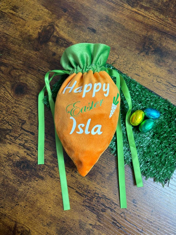 PERSONALISED Name CARROT Velvet Plush Drawstring Sweet Treat Chocolate Size Gift Bag Easter Egg Fun Orange Green White Vinyl Printed Ribbon