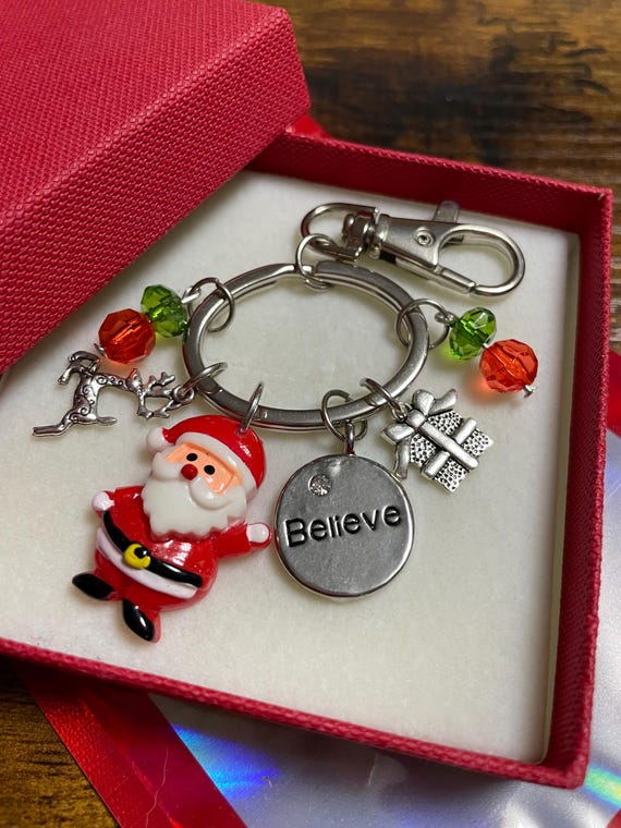 BELIEVE Santa Reindeer Snow Flakes Present Key Ring Or Bag Charm Secret Santa Fun Keepsake Gift Box Shimmer Red Bag Anyone Stocking Filler