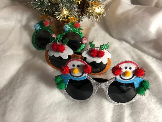 Christmas novelty sun glasses christmas pudding style Snowman Christmas Tree pom poms secret santa stocking filler party fun wear