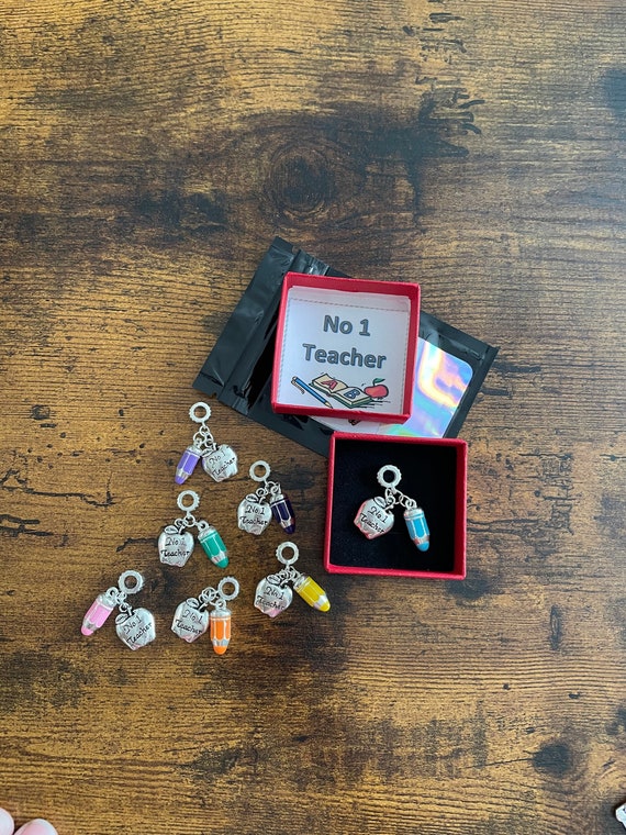 No1 TEACHER Bracelet Charm Pendant Apple Crayons Different Colours Gift Box Shimmer Gift Bag End Of Term Christmas Cool Little Gift Keepsake