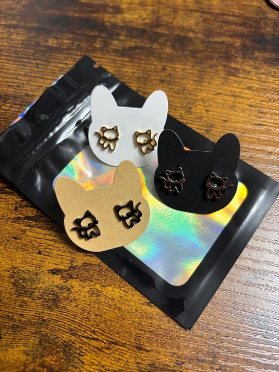 One Pair Of Cat Kitten Stainless Steel Stud Earrings In Colours Gold Silver Black Cat Face Card Shimmer Gift Bag Keepsake Fun Novelty Quirky