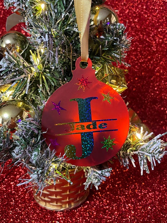 PERSONALISED Name Initial Christmas Tree decoration bauble in RED keepsake gift set ribbon bag choice of vinyl colour