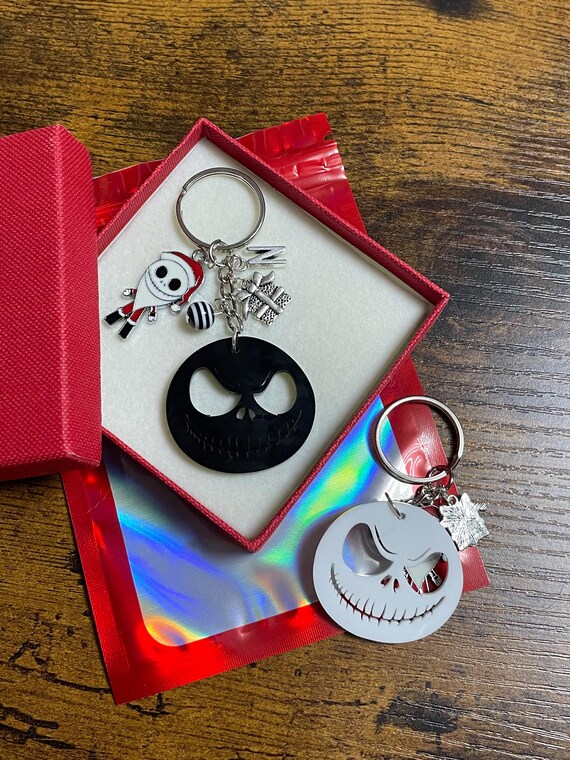 Personalised Letter Initial LARGE JACK Face Film Inspired Key Ring Charm Night Before Christmas Santa Beads Black White Acrylic Gift Box Bag