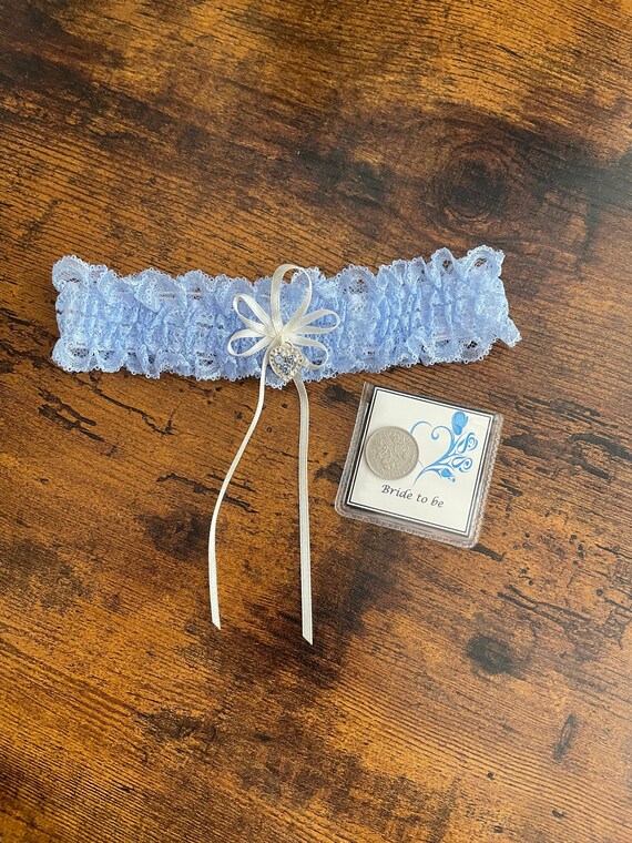 BRIDE To Be Blue Garter Crystal Heart Bow And Lucky Sixpence Coin With Poem Great For Wedding Day Hen Party Keepsake Shimmer Gift Bag Set