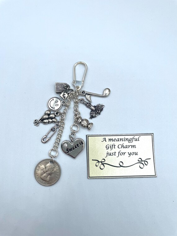 SWEET 16 BIRTHDAY Meaningful Words And Charms pendants Keepsake Key Ring Or Bag Gift Bag Boxed Rhymes Sixpence Smiley Face Candles Balloons