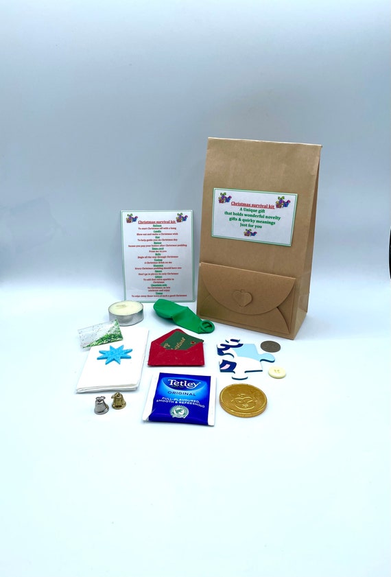CHRISTMAS Fun Novelty Survival Gift & Personalised Card Optional Present Quirky Unique Paper Bag Envelope Bells Candle Glitter Balloons Star