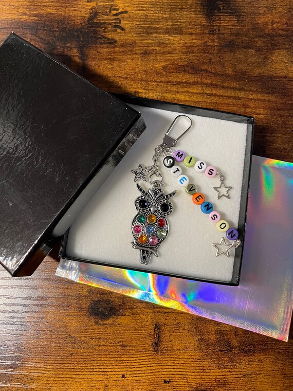 PERSONALISED Beads Teacher Thank You Key Ring Charm Rhinestone Owl Stars Ruler Gift Box Bag Fun Mixed Coloured Name Beads Own Message Insert