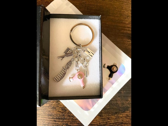 HAIRDRESSERS PERSONALISED Initial Charm Colour Hair Dryer Scissors Comb Well Done Graduation Free Message Inside Box Fun Quirky Keepsake