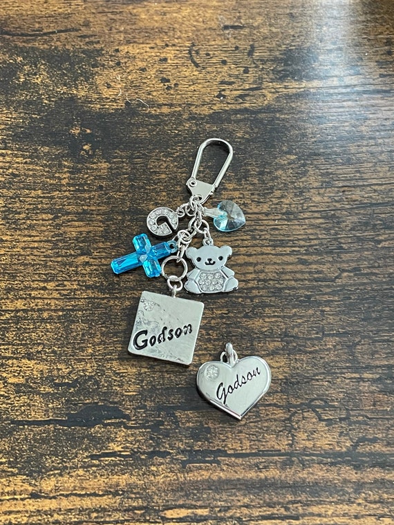 Personalised Godson Key Ring Charm Pendant Keepsake Gift Set Rhinestone Teddy Bear Alphabet Initial Charm Blue Cross Gift Boxed Christening