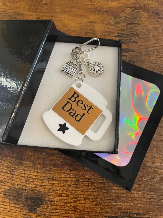 To the best dad ever!!! Bear glass bottle top beer crate charms great gift key ring charm set xmas Father’s Day gift Acrylic charm glass