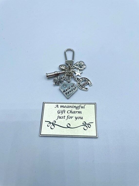 A Maid Of Honour Meaningful Keepsake keyring Charm Gift Boxed Rhymes Horseshoe Flower Star Heart